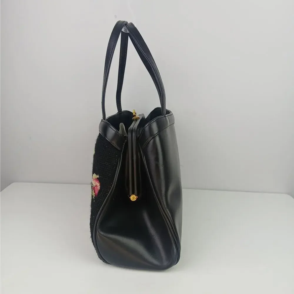 Vintage 1960's Black Leather Floral Needlepoint Handbag Gold Clasps Hong Kong